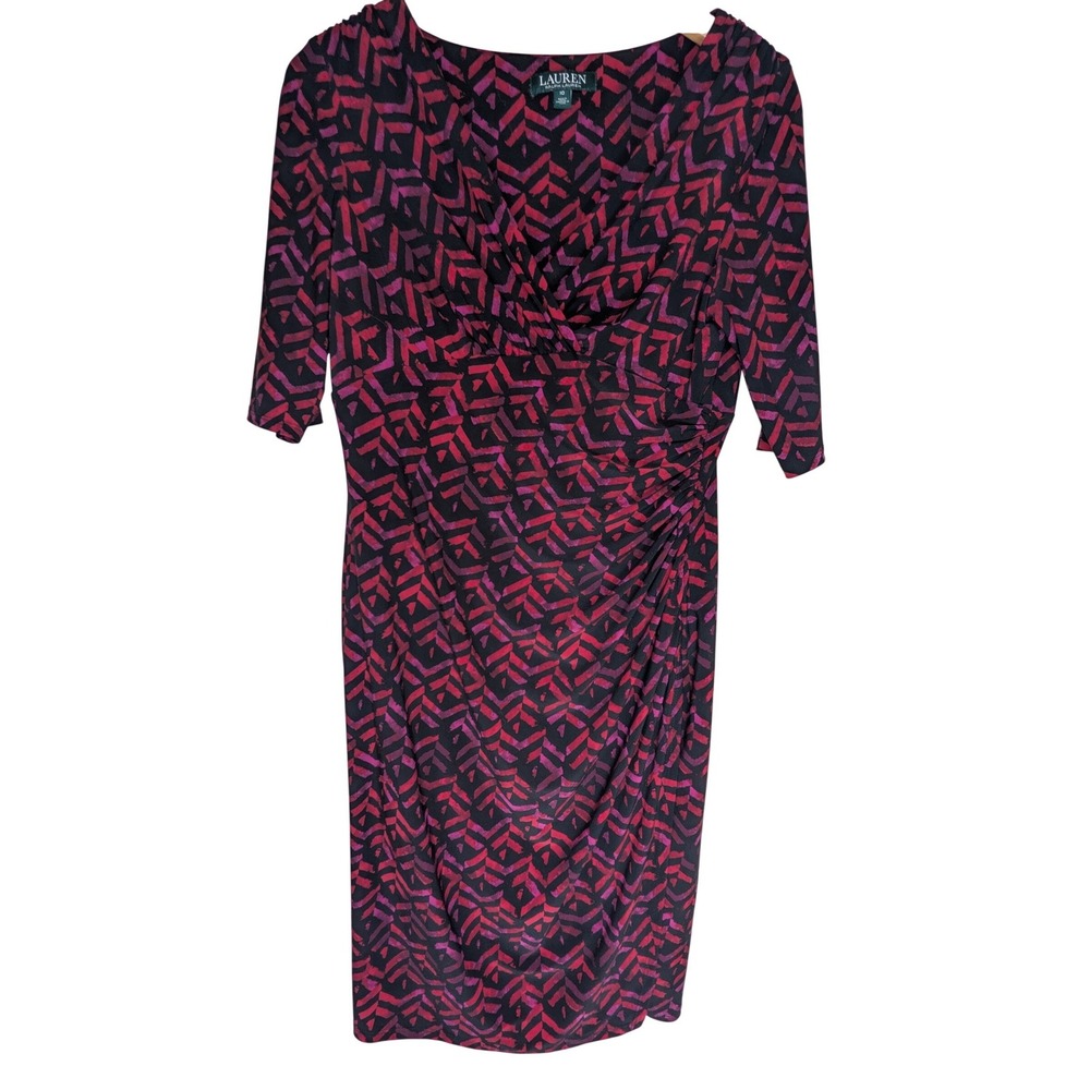 Lauren Ralph Lauren Pink Purple Geometric Chevron Ruched V-Neck Sheath‎ Dress 10